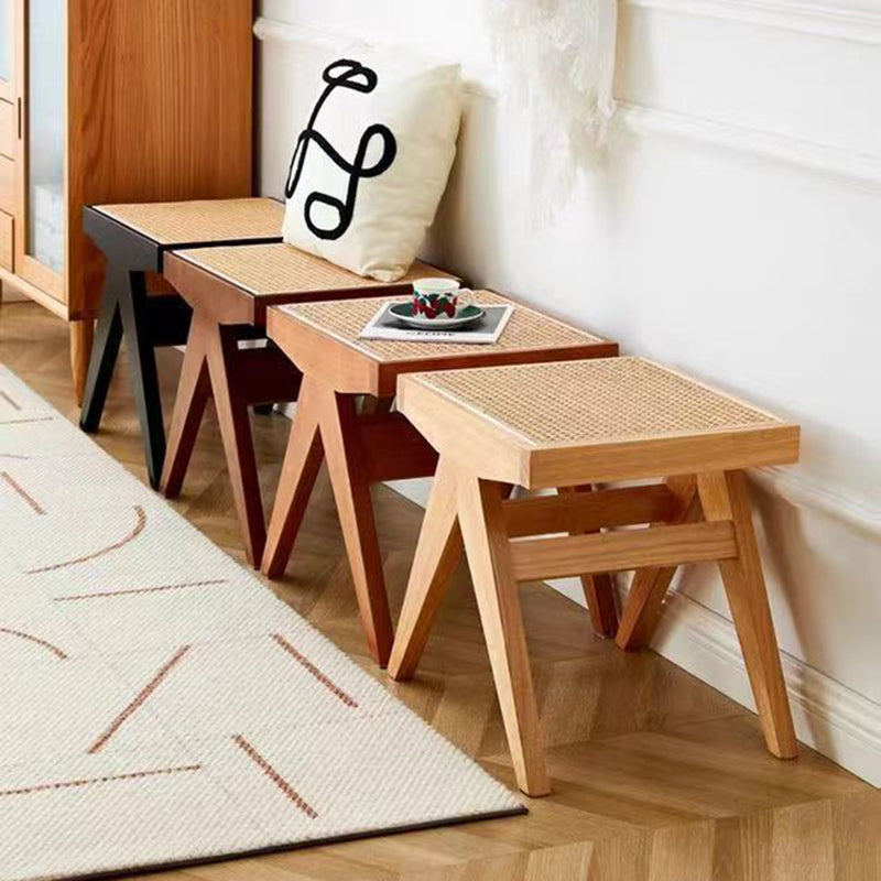 Traditional Japanese Woven Stool in Rubber Wood & Rattan — Low, Backless, Rectangular Dining Room Seat