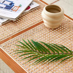 Traditional Japanese Woven Stool in Rubber Wood & Rattan — Low, Backless, Rectangular Dining Room Seat