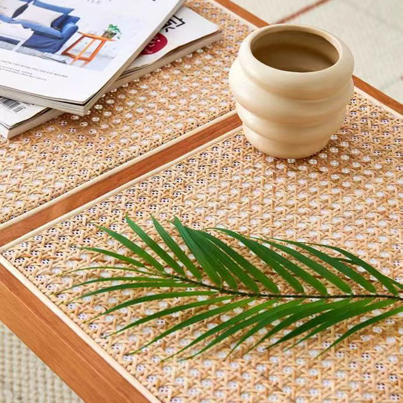 Traditional Japanese Woven Stool in Rubber Wood & Rattan — Low, Backless, Rectangular Dining Room Seat