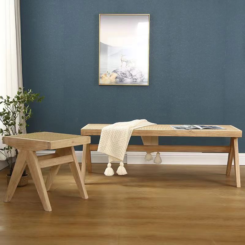 Traditional Japanese Woven Stool in Rubber Wood & Rattan — Low, Backless, Rectangular Dining Room Seat