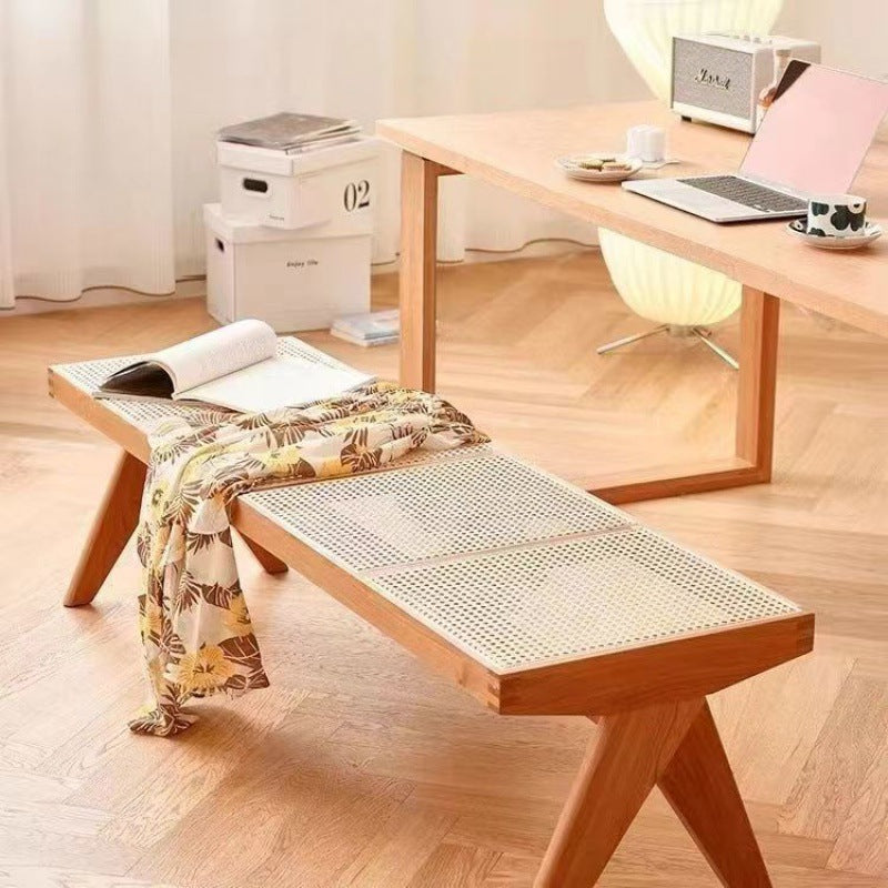 Traditional Japanese Woven Stool in Rubber Wood & Rattan — Low, Backless, Rectangular Dining Room Seat