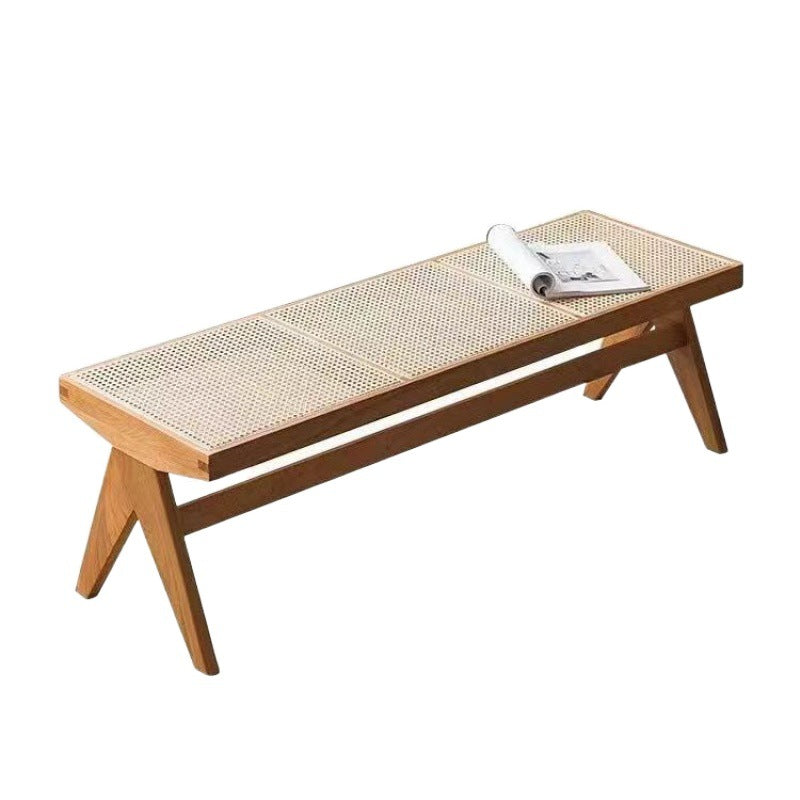 Traditional Japanese Woven Stool in Rubber Wood & Rattan — Low, Backless, Rectangular Dining Room Seat