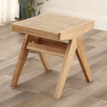 Traditional Japanese Woven Stool in Rubber Wood & Rattan — Low, Backless, Rectangular Dining Room Seat