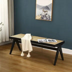 Traditional Japanese Woven Stool in Rubber Wood & Rattan — Low, Backless, Rectangular Dining Room Seat