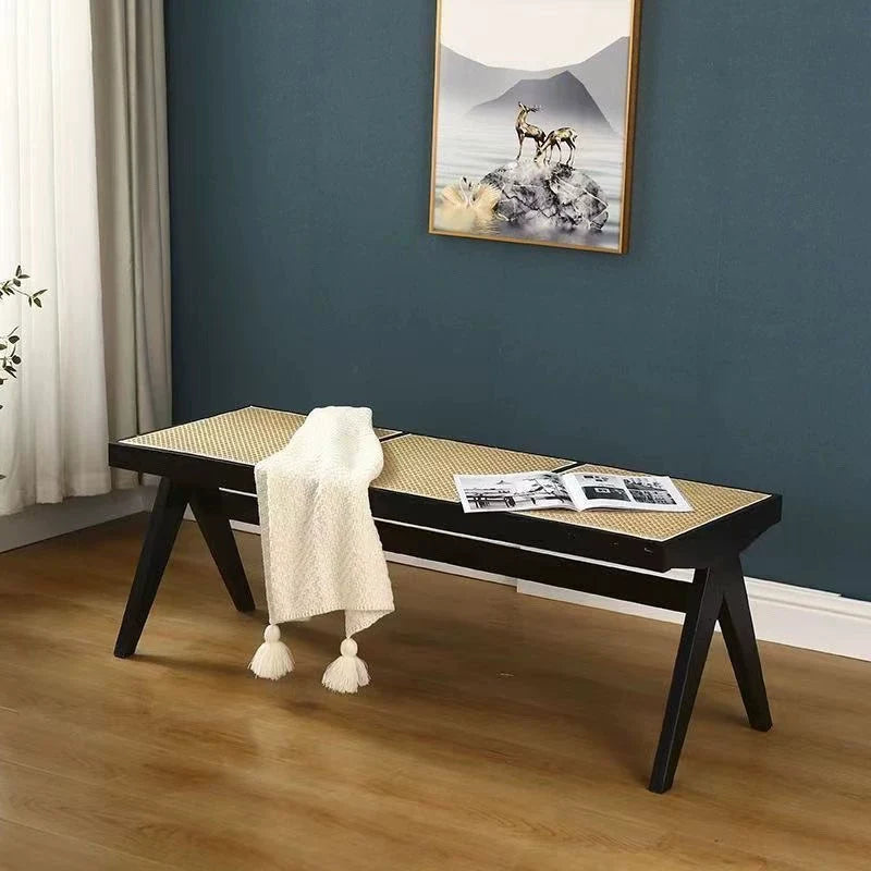 Traditional Japanese Woven Stool in Rubber Wood & Rattan — Low, Backless, Rectangular Dining Room Seat