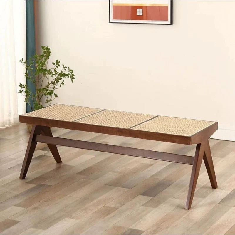 Traditional Japanese Woven Stool in Rubber Wood & Rattan — Low, Backless, Rectangular Dining Room Seat