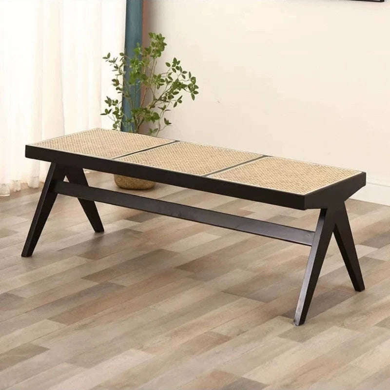 Traditional Japanese Woven Stool in Rubber Wood & Rattan — Low, Backless, Rectangular Dining Room Seat