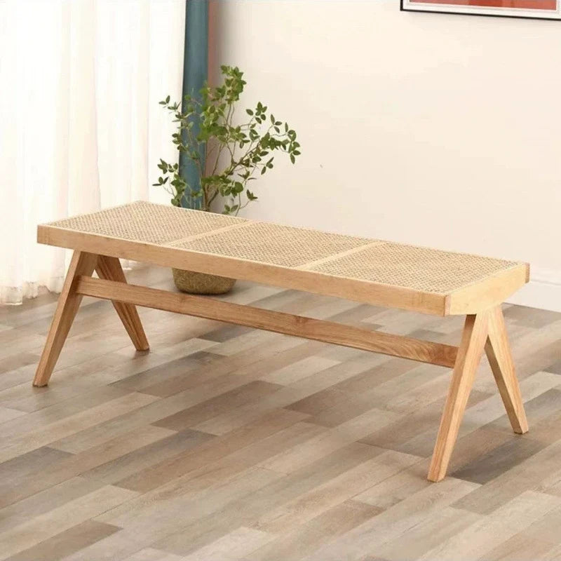 Traditional Japanese Woven Stool in Rubber Wood & Rattan — Low, Backless, Rectangular Dining Room Seat