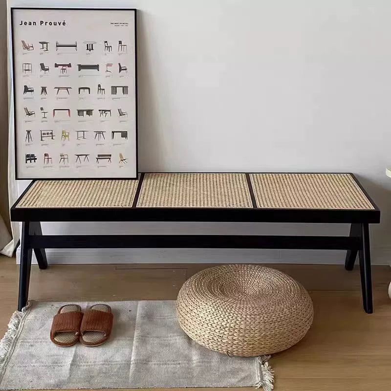 Traditional Japanese Woven Stool in Rubber Wood & Rattan — Low, Backless, Rectangular Dining Room Seat