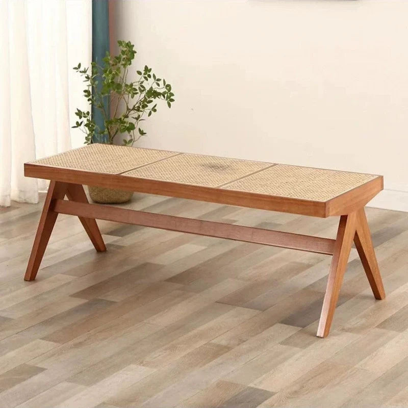 Traditional Japanese Woven Stool in Rubber Wood & Rattan — Low, Backless, Rectangular Dining Room Seat