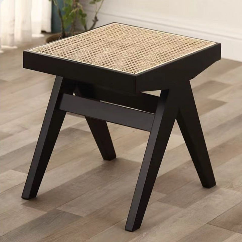 Traditional Japanese Woven Stool in Rubber Wood & Rattan — Low, Backless, Rectangular Dining Room Seat