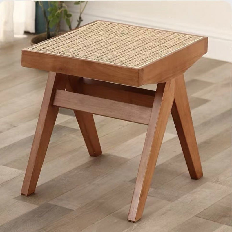 Traditional Japanese Woven Stool in Rubber Wood & Rattan — Low, Backless, Rectangular Dining Room Seat