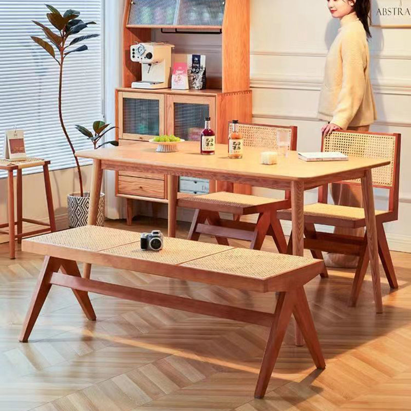 Traditional Japanese Woven Stool in Rubber Wood & Rattan — Low, Backless, Rectangular Dining Room Seat