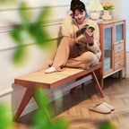 Traditional Japanese Woven Stool in Rubber Wood & Rattan — Low, Backless, Rectangular Dining Room Seat