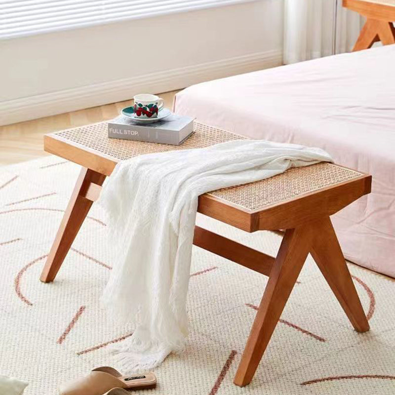Traditional Japanese Woven Stool in Rubber Wood & Rattan — Low, Backless, Rectangular Dining Room Seat