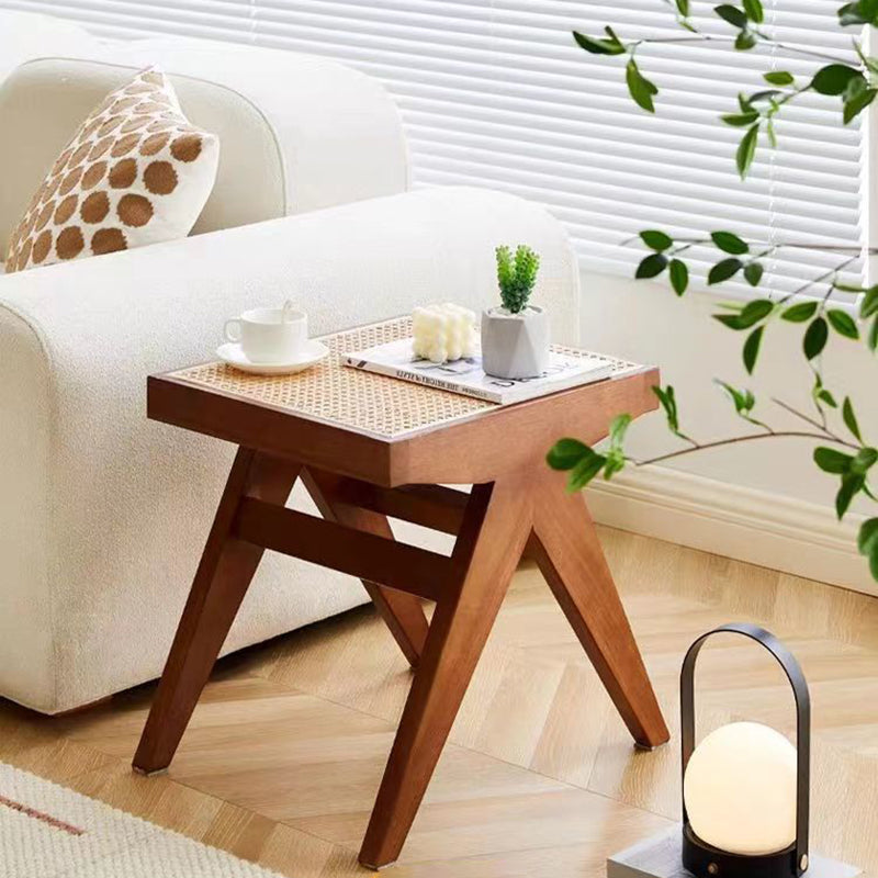 Traditional Japanese Woven Stool in Rubber Wood & Rattan — Low, Backless, Rectangular Dining Room Seat