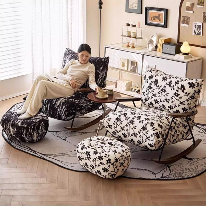 Traditional French-Style Fabric Rocking Chair with Footrest and Armrests - Living Room Recliner