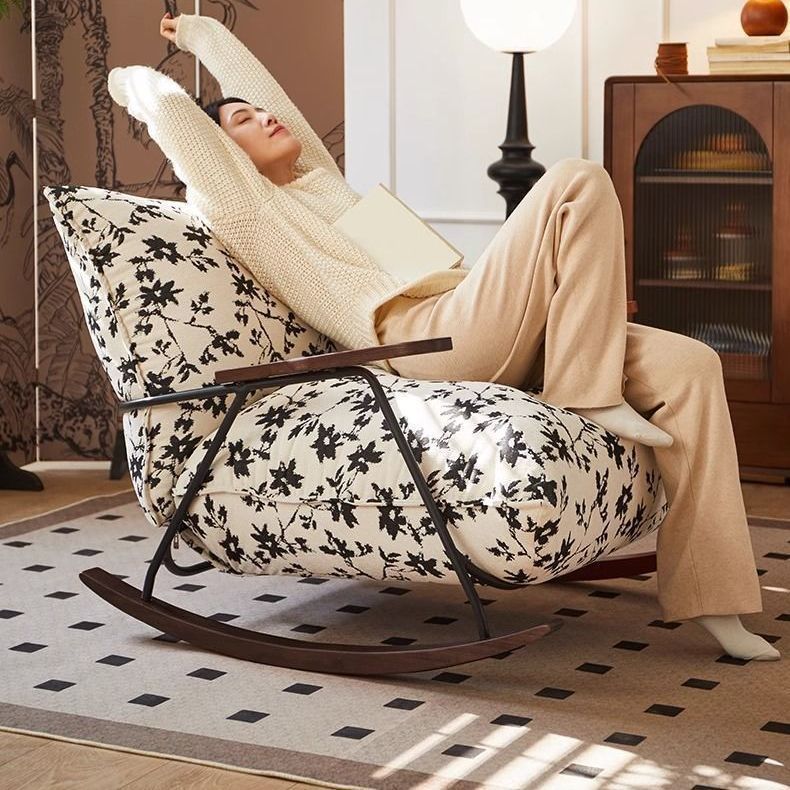 Traditional French-Style Fabric Rocking Chair with Footrest and Armrests - Living Room Recliner
