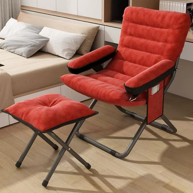 Modern Velvet & Metal Rectangular Foldable Recliner with Semi-Curved Backrest, Cotton Footrest and Storage Bag for Bedroom