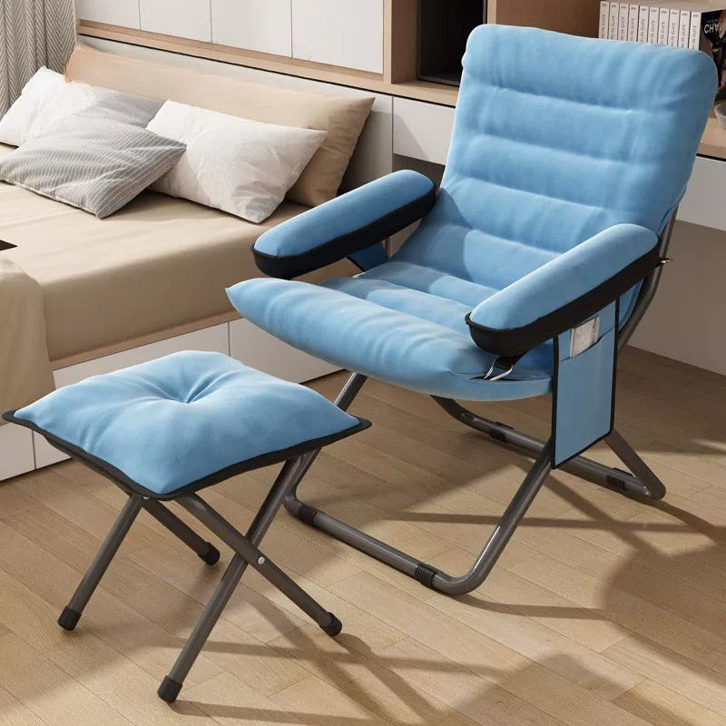 Modern Velvet & Metal Rectangular Foldable Recliner with Semi-Curved Backrest, Cotton Footrest and Storage Bag for Bedroom