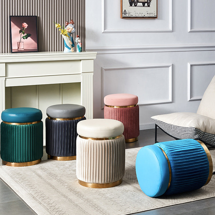Contemporary Scandinavian Round Vanity Stool – Velvet Upholstery, Wood and Stainless Steel Base, Striped Microfiber Leather Cushion, Backless for Bedroom