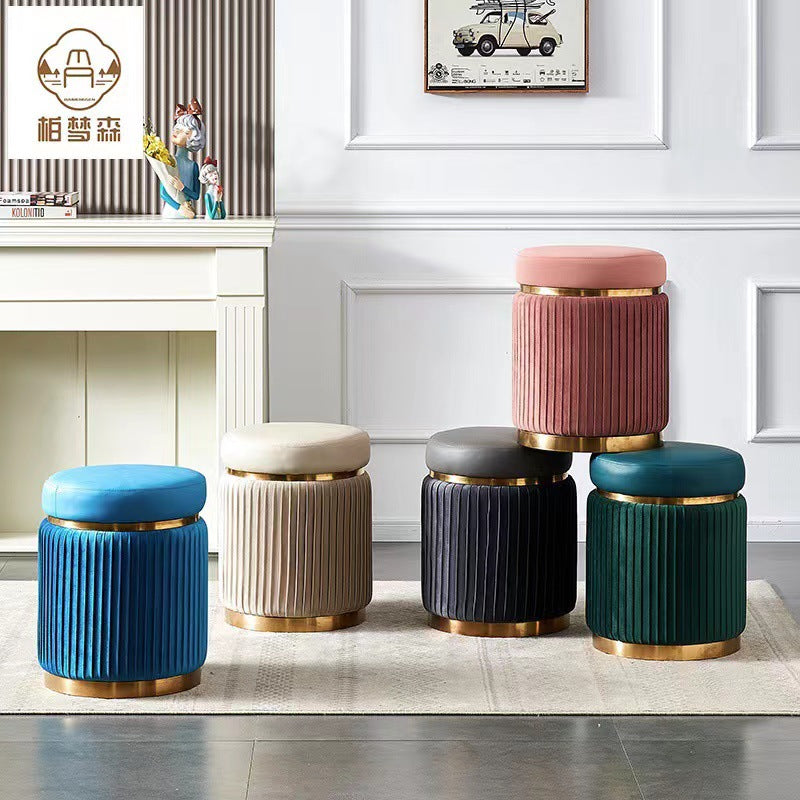 Contemporary Scandinavian Round Vanity Stool – Velvet Upholstery, Wood and Stainless Steel Base, Striped Microfiber Leather Cushion, Backless for Bedroom