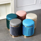 Contemporary Scandinavian Round Vanity Stool – Velvet Upholstery, Wood and Stainless Steel Base, Striped Microfiber Leather Cushion, Backless for Bedroom