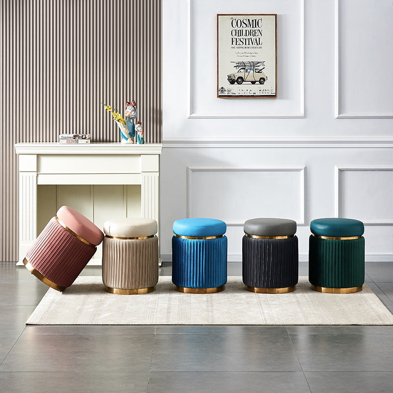 Contemporary Scandinavian Round Vanity Stool – Velvet Upholstery, Wood and Stainless Steel Base, Striped Microfiber Leather Cushion, Backless for Bedroom