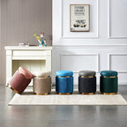 Contemporary Scandinavian Round Vanity Stool – Velvet Upholstery, Wood and Stainless Steel Base, Striped Microfiber Leather Cushion, Backless for Bedroom