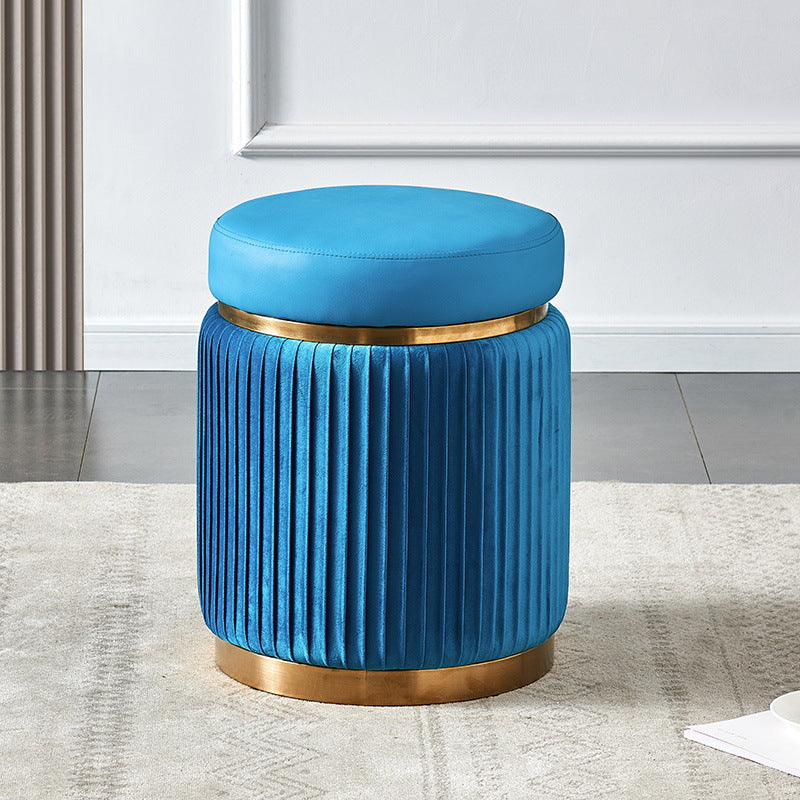 Contemporary Scandinavian Round Vanity Stool – Velvet Upholstery, Wood and Stainless Steel Base, Striped Microfiber Leather Cushion, Backless for Bedroom