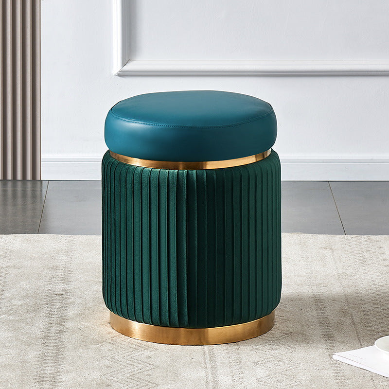 Contemporary Scandinavian Round Vanity Stool – Velvet Upholstery, Wood and Stainless Steel Base, Striped Microfiber Leather Cushion, Backless for Bedroom