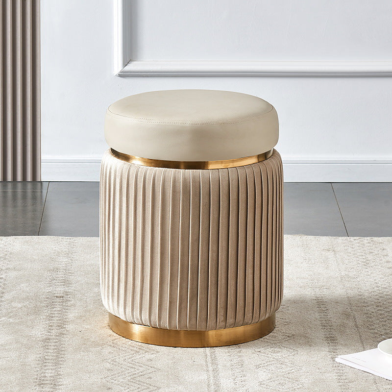 Contemporary Scandinavian Round Vanity Stool – Velvet Upholstery, Wood and Stainless Steel Base, Striped Microfiber Leather Cushion, Backless for Bedroom