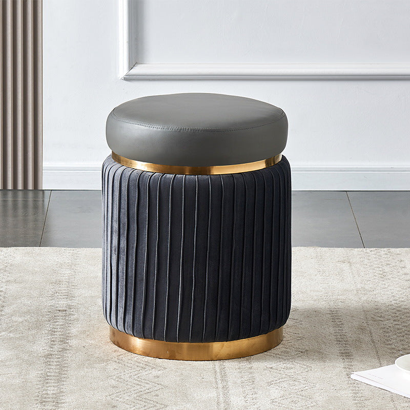 Contemporary Scandinavian Round Vanity Stool – Velvet Upholstery, Wood and Stainless Steel Base, Striped Microfiber Leather Cushion, Backless for Bedroom