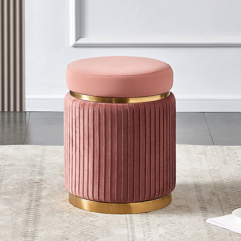 Contemporary Scandinavian Round Vanity Stool – Velvet Upholstery, Wood and Stainless Steel Base, Striped Microfiber Leather Cushion, Backless for Bedroom