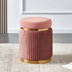 Contemporary Scandinavian Round Vanity Stool – Velvet Upholstery, Wood and Stainless Steel Base, Striped Microfiber Leather Cushion, Backless for Bedroom