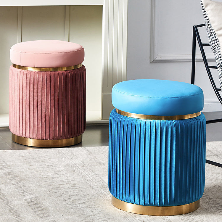 Contemporary Scandinavian Round Vanity Stool – Velvet Upholstery, Wood and Stainless Steel Base, Striped Microfiber Leather Cushion, Backless for Bedroom