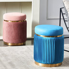 Contemporary Scandinavian Round Vanity Stool – Velvet Upholstery, Wood and Stainless Steel Base, Striped Microfiber Leather Cushion, Backless for Bedroom