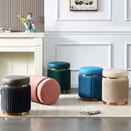 Contemporary Scandinavian Round Vanity Stool – Velvet Upholstery, Wood and Stainless Steel Base, Striped Microfiber Leather Cushion, Backless for Bedroom