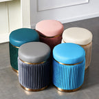 Contemporary Scandinavian Round Vanity Stool – Velvet Upholstery, Wood and Stainless Steel Base, Striped Microfiber Leather Cushion, Backless for Bedroom