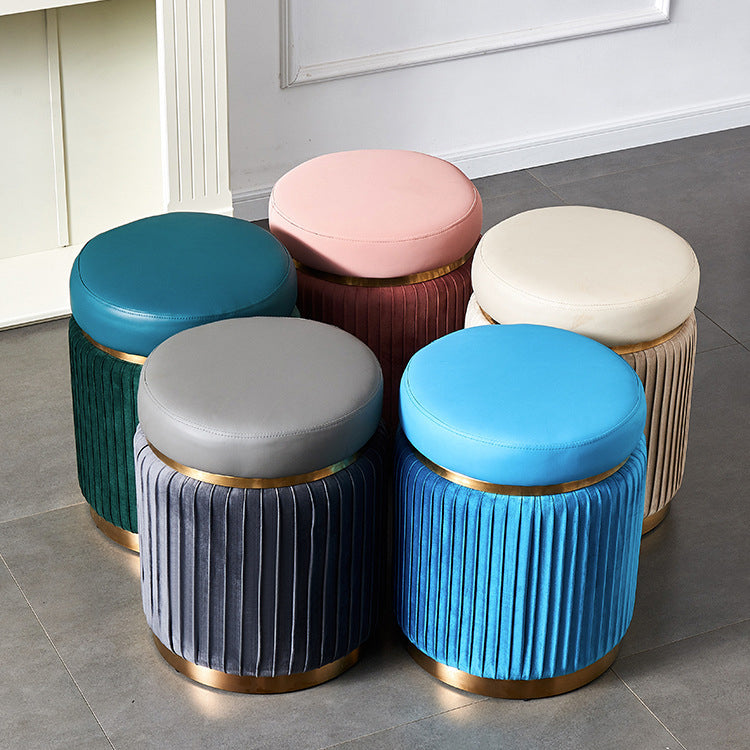 Contemporary Scandinavian Round Vanity Stool – Velvet Upholstery, Wood and Stainless Steel Base, Striped Microfiber Leather Cushion, Backless for Bedroom