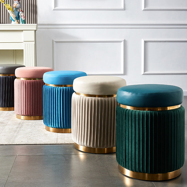 Contemporary Scandinavian Round Vanity Stool – Velvet Upholstery, Wood and Stainless Steel Base, Striped Microfiber Leather Cushion, Backless for Bedroom