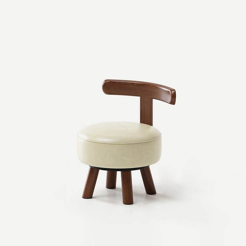 Contemporary Retro Faux Oil-waxed Leather Wood Sponge Round Low Stool Swivel Backrest For Living Room