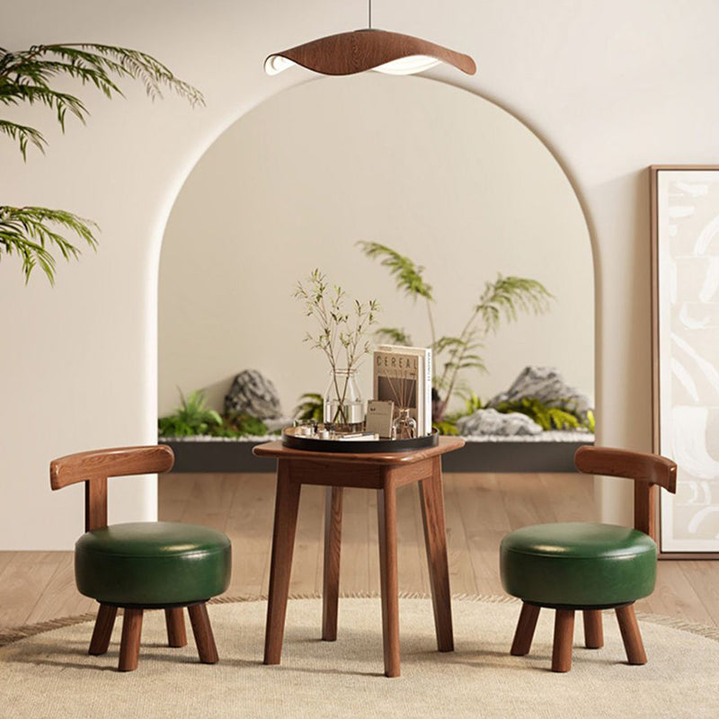 Taburete Bajo Redondo Giratorio de Madera Esponja de Cuero Sintético Aceitado y Encerado Estilo Retro Contemporáneo con Respaldo para Sala de Estar