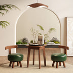 Taburete Bajo Redondo Giratorio de Madera Esponja de Cuero Sintético Aceitado y Encerado Estilo Retro Contemporáneo con Respaldo para Sala de Estar