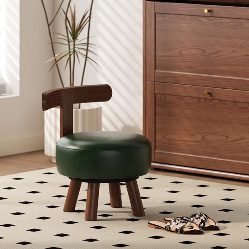 Taburete Bajo Redondo Giratorio de Madera Esponja de Cuero Sintético Aceitado y Encerado Estilo Retro Contemporáneo con Respaldo para Sala de Estar