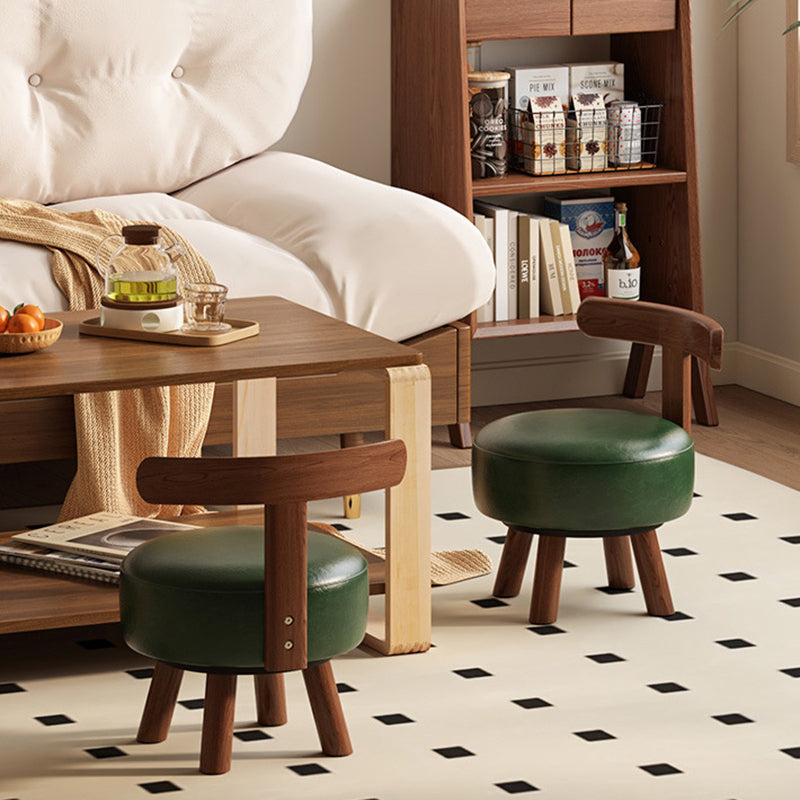 Taburete Bajo Redondo Giratorio de Madera Esponja de Cuero Sintético Aceitado y Encerado Estilo Retro Contemporáneo con Respaldo para Sala de Estar