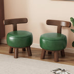 Taburete Bajo Redondo Giratorio de Madera Esponja de Cuero Sintético Aceitado y Encerado Estilo Retro Contemporáneo con Respaldo para Sala de Estar