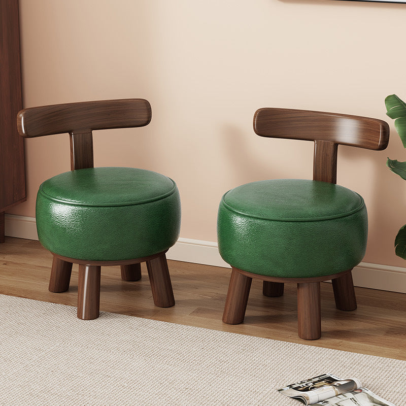 Taburete Bajo Redondo Giratorio de Madera Esponja de Cuero Sintético Aceitado y Encerado Estilo Retro Contemporáneo con Respaldo para Sala de Estar