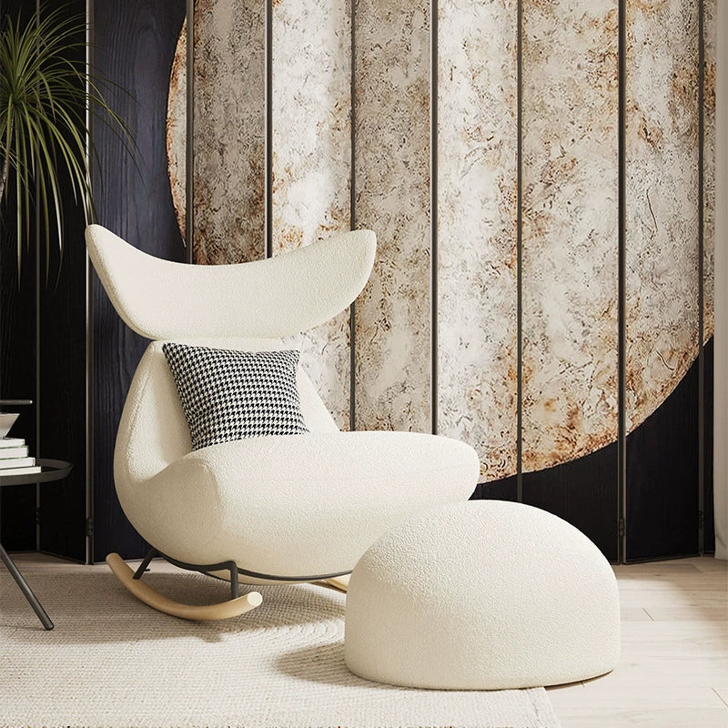 Contemporary Nordic Sherpa Fabric Whale Recliner with Wood Frame, Foam-Cushioned Backrest and Footrest — Rocking Chair for Living Room