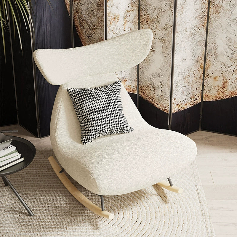 Contemporary Nordic Sherpa Fabric Whale Recliner with Wood Frame, Foam-Cushioned Backrest and Footrest — Rocking Chair for Living Room